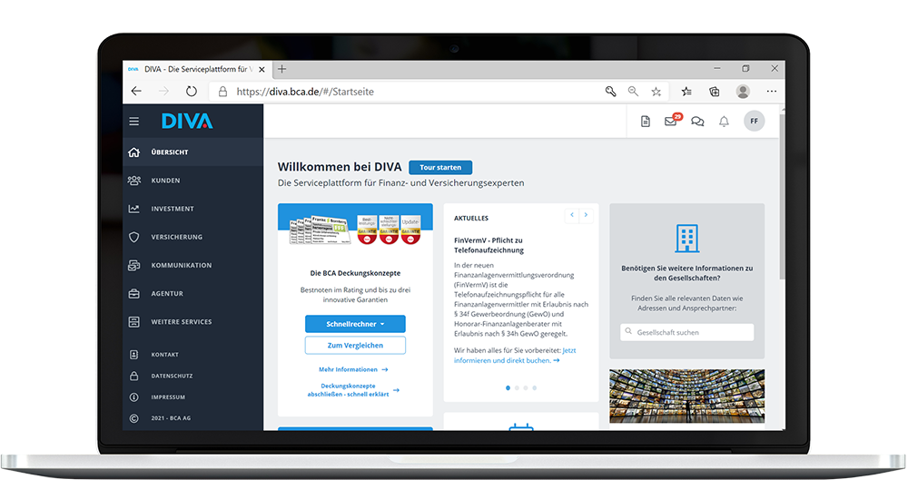 Willkommen bei DIVA Finanzsoftware Frontalansicht auf ein Laptop mit Screenansicht der Diva Finanzsoftware
