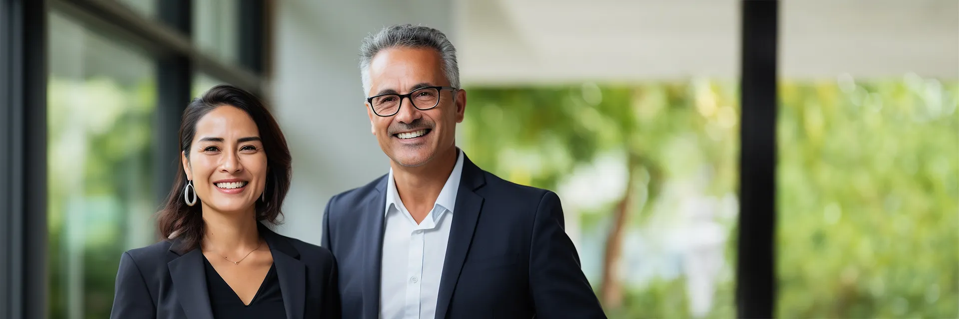 Header PI Eine Frau und ein Mann in mittlerem Alter in Businesskleidung in einem modernen Raum mit großen Fensterflächen