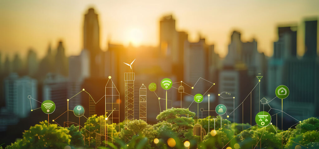 Grafische Elemente in Kombination mit Wald und City-Skyline zur Visualisierung nachhaltiger Strategien für grüne Konzepte und urbane Transformation.