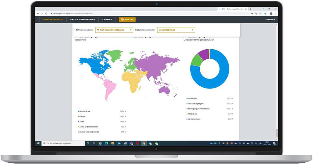 Auf einem Laptop-Bildschirm wird ein Dashboard mit einer bunten Weltkarte, einem blauen Kreisdiagramm und einer Datentabelle angezeigt. Die Schnittstelle umfasst Dropdown-Filter und Navigationsregisterkarten am oberen Rand.