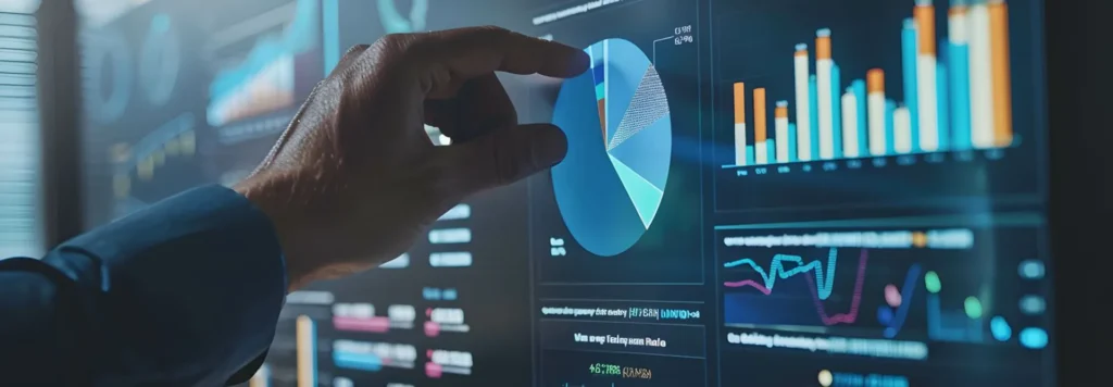 Eine Hand zeigt auf verschiedene Diagramme an einem Bildschirm