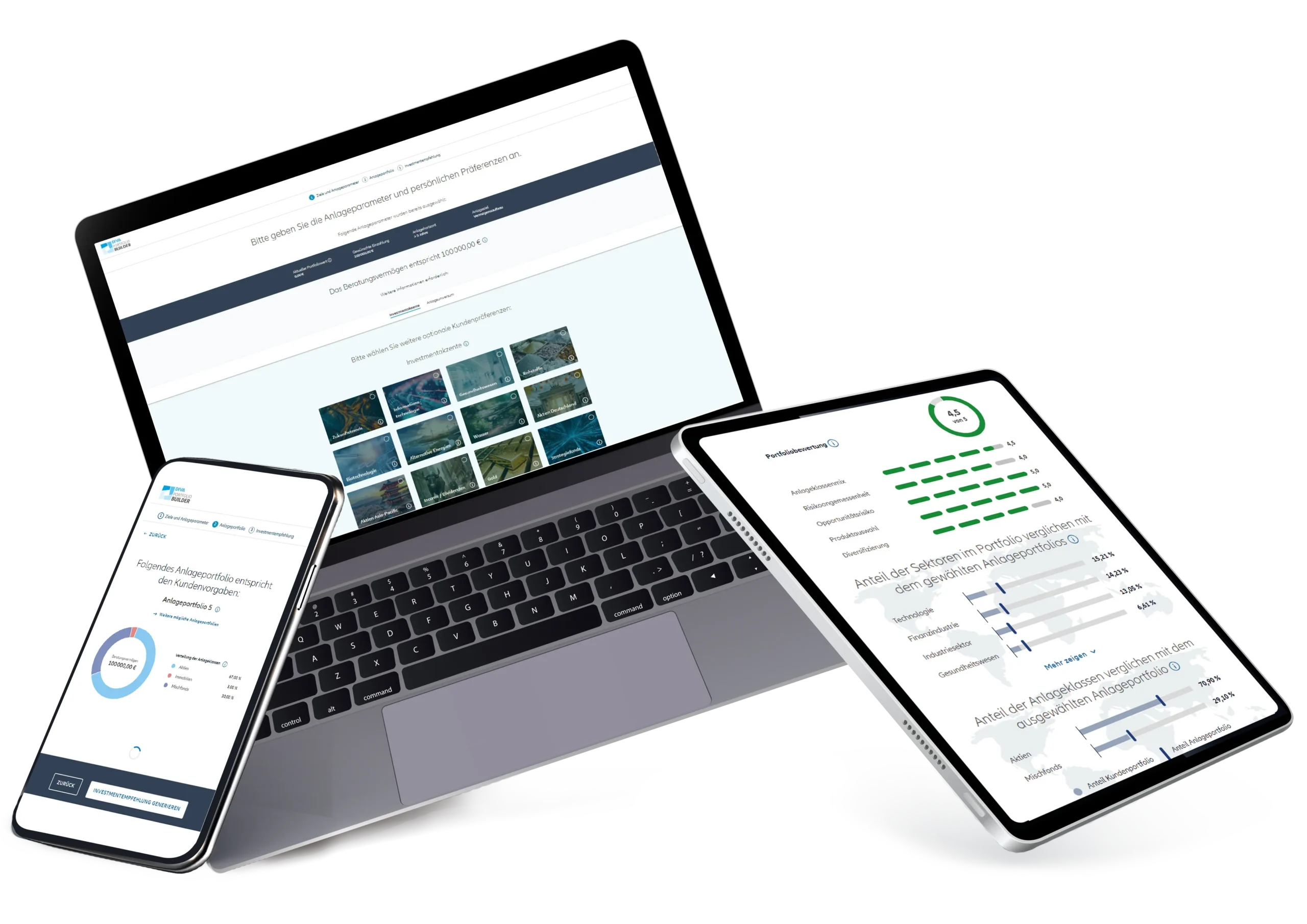 PortfolioBuilder Ein Laptop, ein Handy und ein Tablet mit unterschiedlichen Ansichten aus der Software Diva PortfolioBuilder