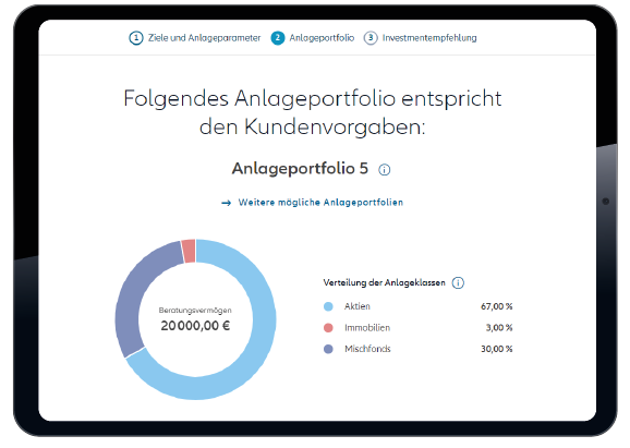 Fondsauswahl Übersicht der Portfolio-Optimierung<br />
bei der Fondsauswahl auf einem Tablet
